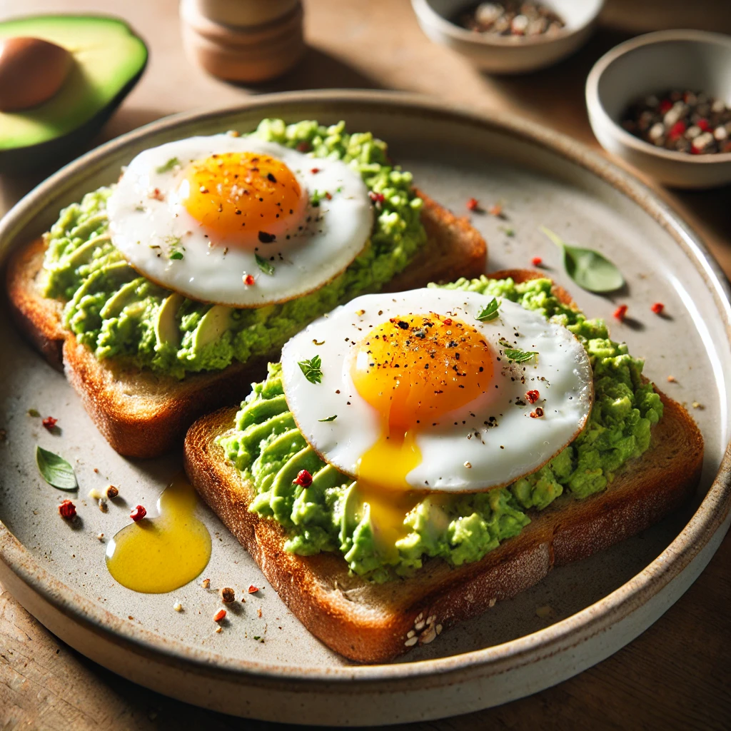 A delicious and visually appealing avocado toast with fried eggs on top. The toast is made from whole grain bread, spread with mashed avocado, and top