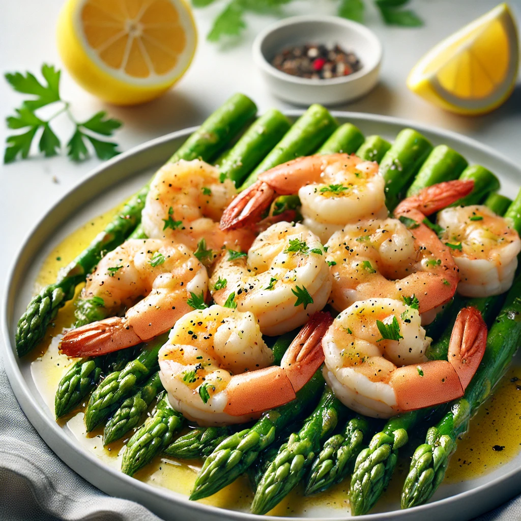 Lemon Garlic Butter Shrimp with Asparagus on a white plate, featuring golden shrimp, green asparagus, and garnished with parsley and pepper flakes in a lemon butter sauce