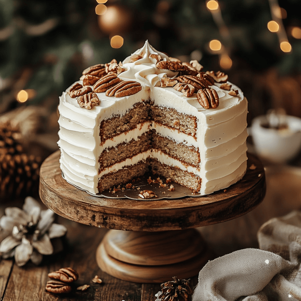 beautifully layered white chocolate pecan cake with fluffy frosting and a smooth white chocolate ganache drizzle