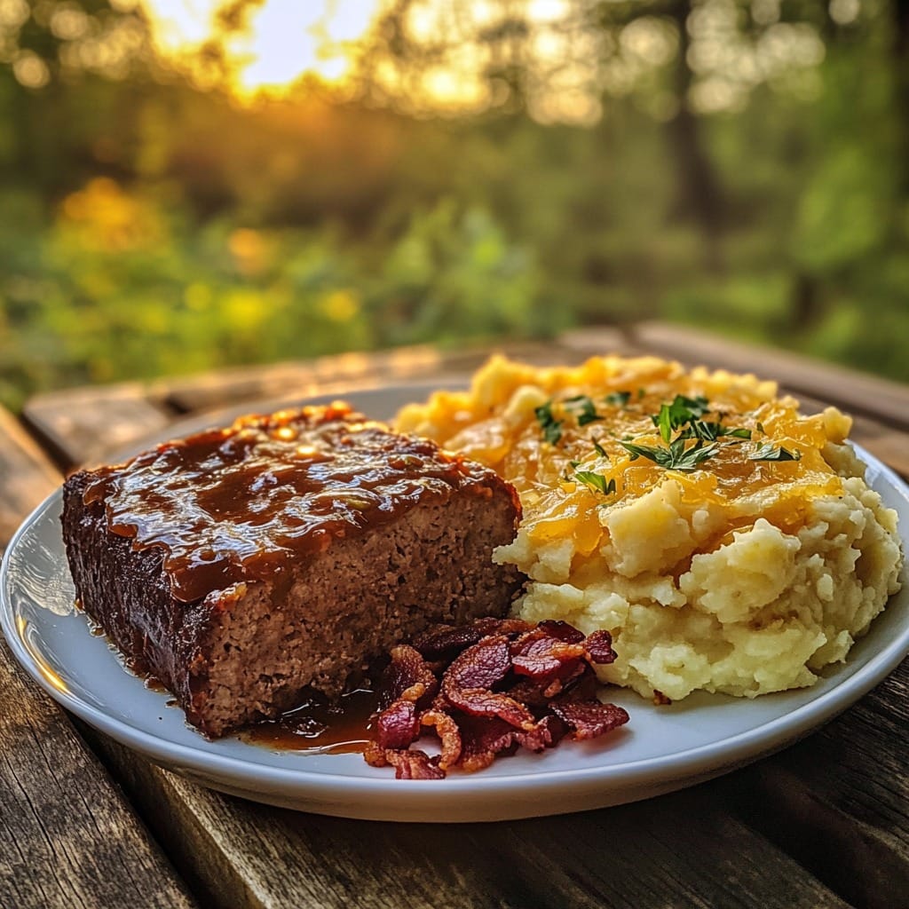 Comfort Food Trio: Meatloaf, Fried Cabbage with Bacon, and Cheesy Mashed Potatoes