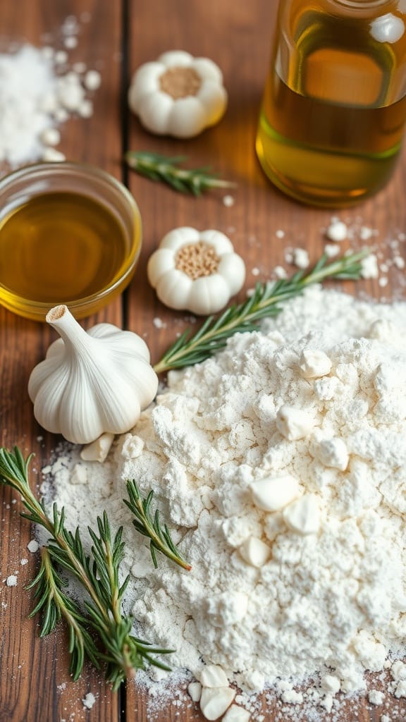 Simple ingredients for rustic no knead rosemary garlic bread