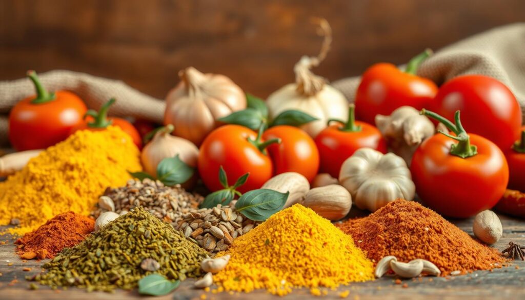 Indian spices and essential vegetables for Indian cooking